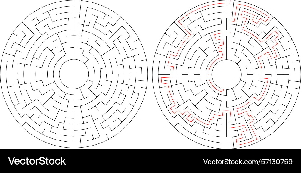 Mazes one solved with a red path Mazes one solved with a red path Vector Image