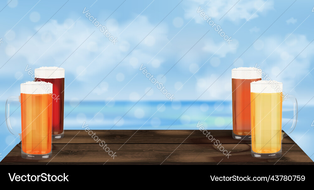 Rechteckige Banner mit Bier in Tassen Holztisch Rechteckige Banner mit Bier in Tassen Holztisch vektorbild