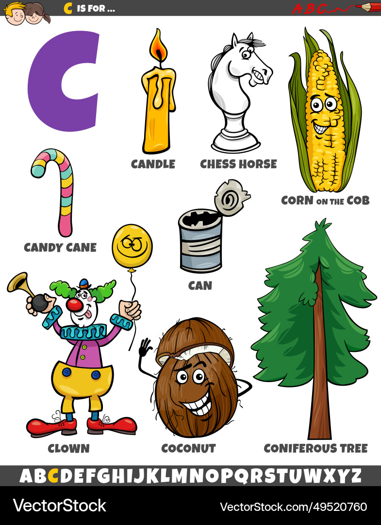 Letter c set with cartoon objects and characters Letter c set with cartoon objects and characters vector image