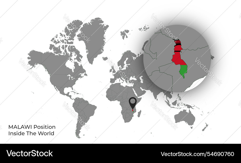 Malawi position inside the world with flag in map Vector Image