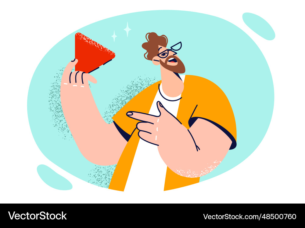 Man with smile points to red triangle symbolizing Man with smile points to red triangle symbolizing vector image