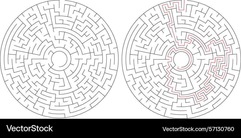 Mazes one solved with a red path Mazes one solved with a red path Vector Image