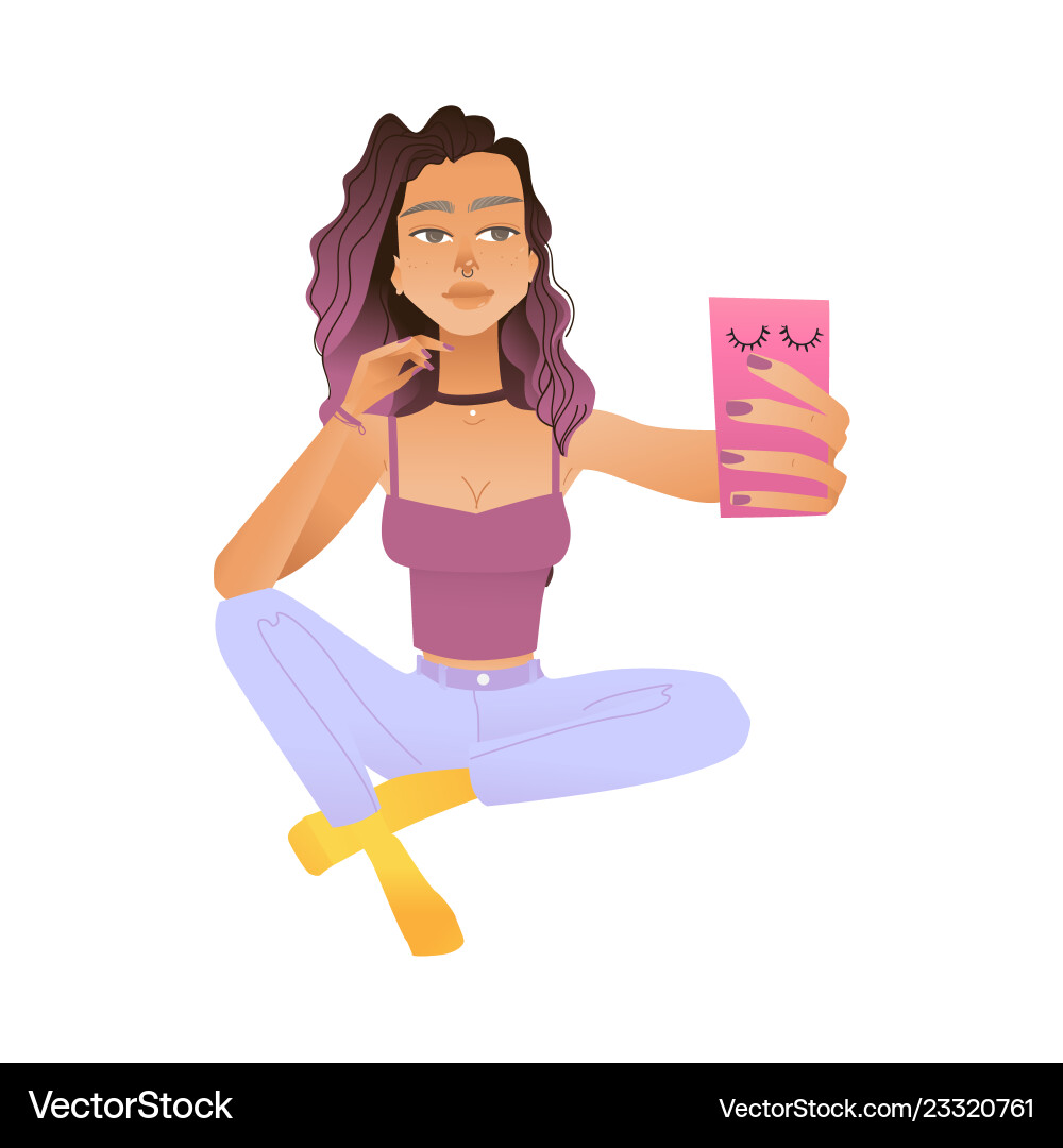 Junge fröhliche Mädchen macht Selfie auf rosa Junge fröhliche Mädchen macht Selfie auf rosa vektorbild