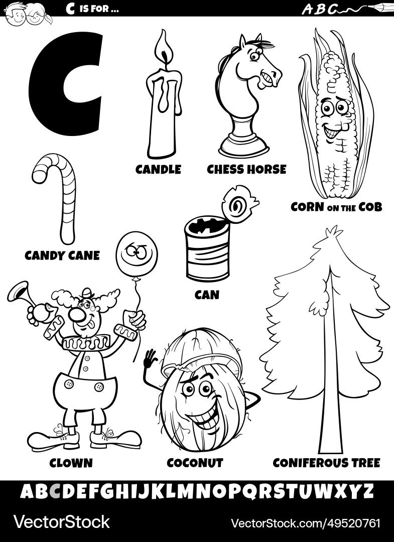 Letter c set with cartoon objects and characters Letter c set with cartoon objects and characters vector image