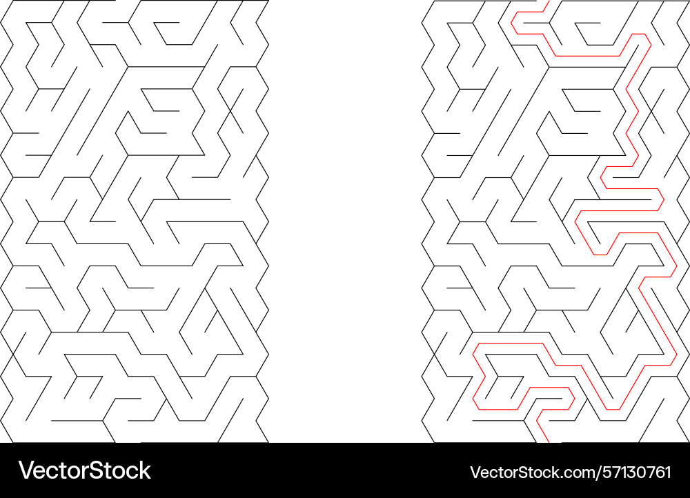 Mazes one solved with a red path Mazes one solved with a red path vector image