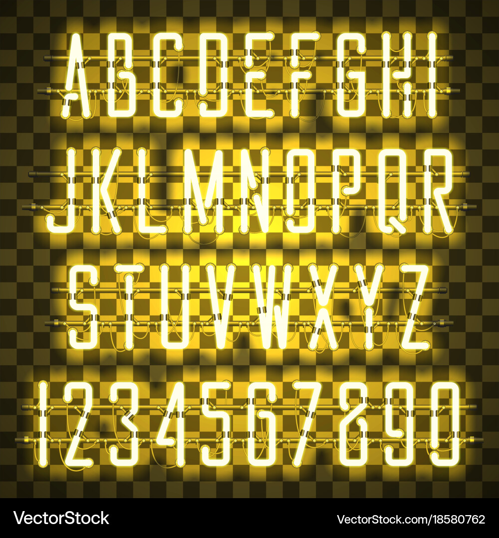 Glowing yellow neon casual script font Vector Image