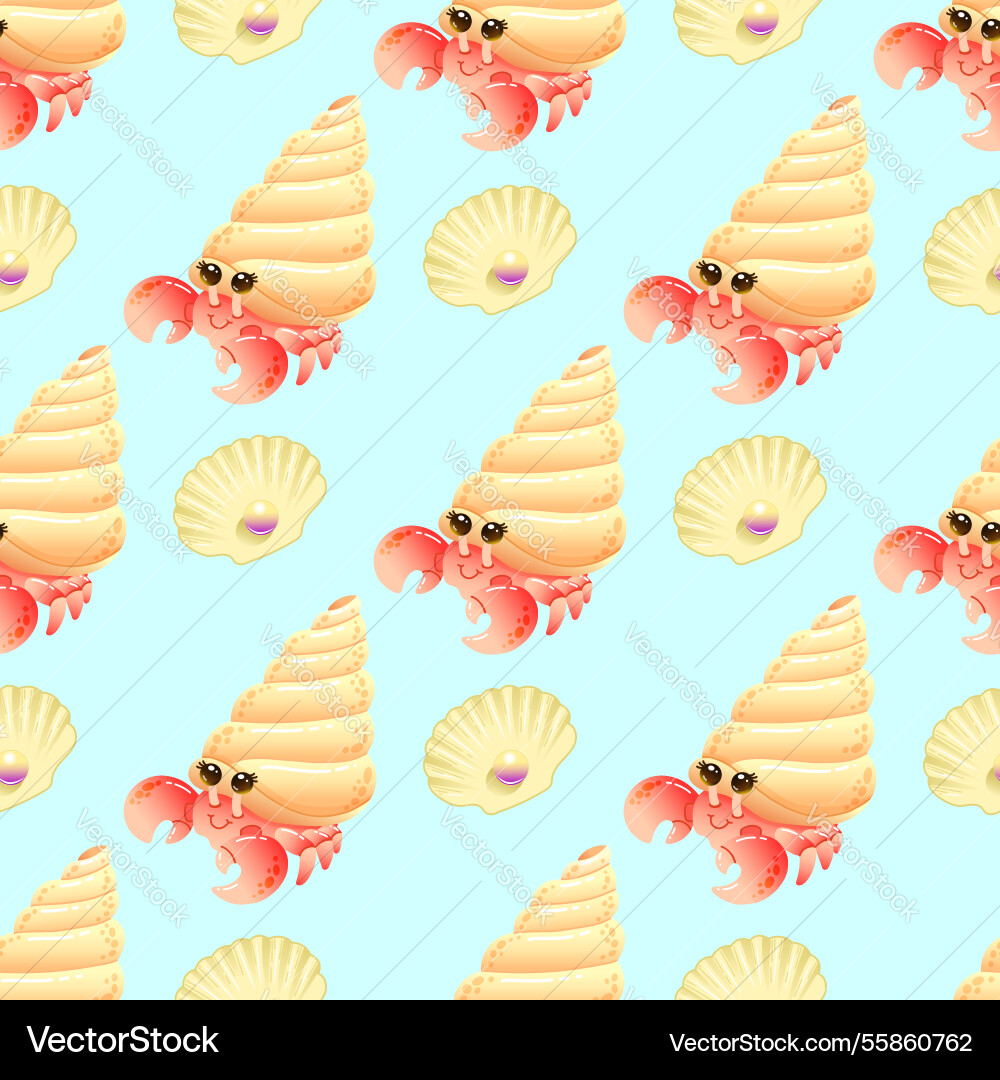 Seamless pattern with cute hermit crab and shell Seamless pattern with cute hermit crab and shell vector image