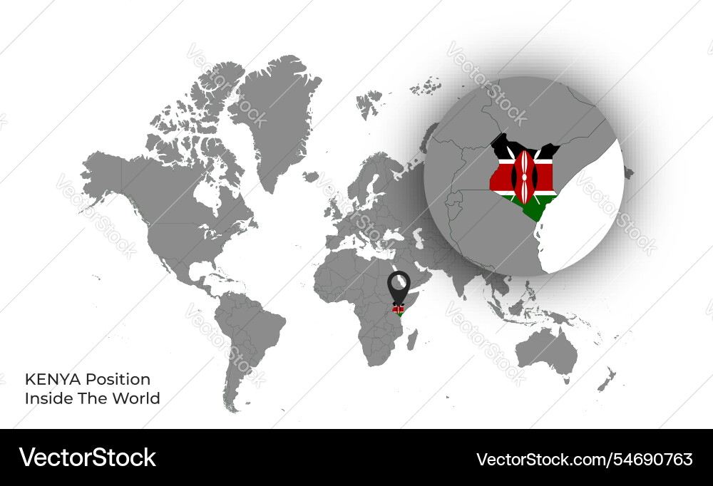 Kenya position inside the world with flag in map Vector Image