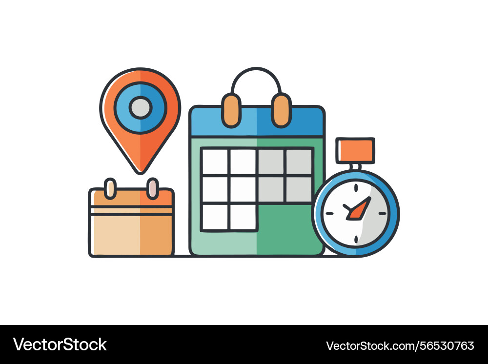 Modern calendar time clock and address icons Modern calendar time clock and address icons vector image
