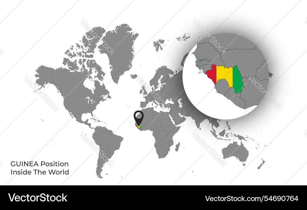 Guinea position inside the world with flag in map Vector Image