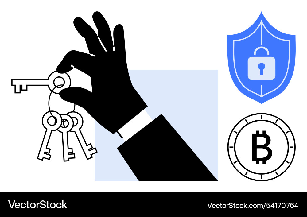 Hand holding keys with security shield and bitcoin vector image