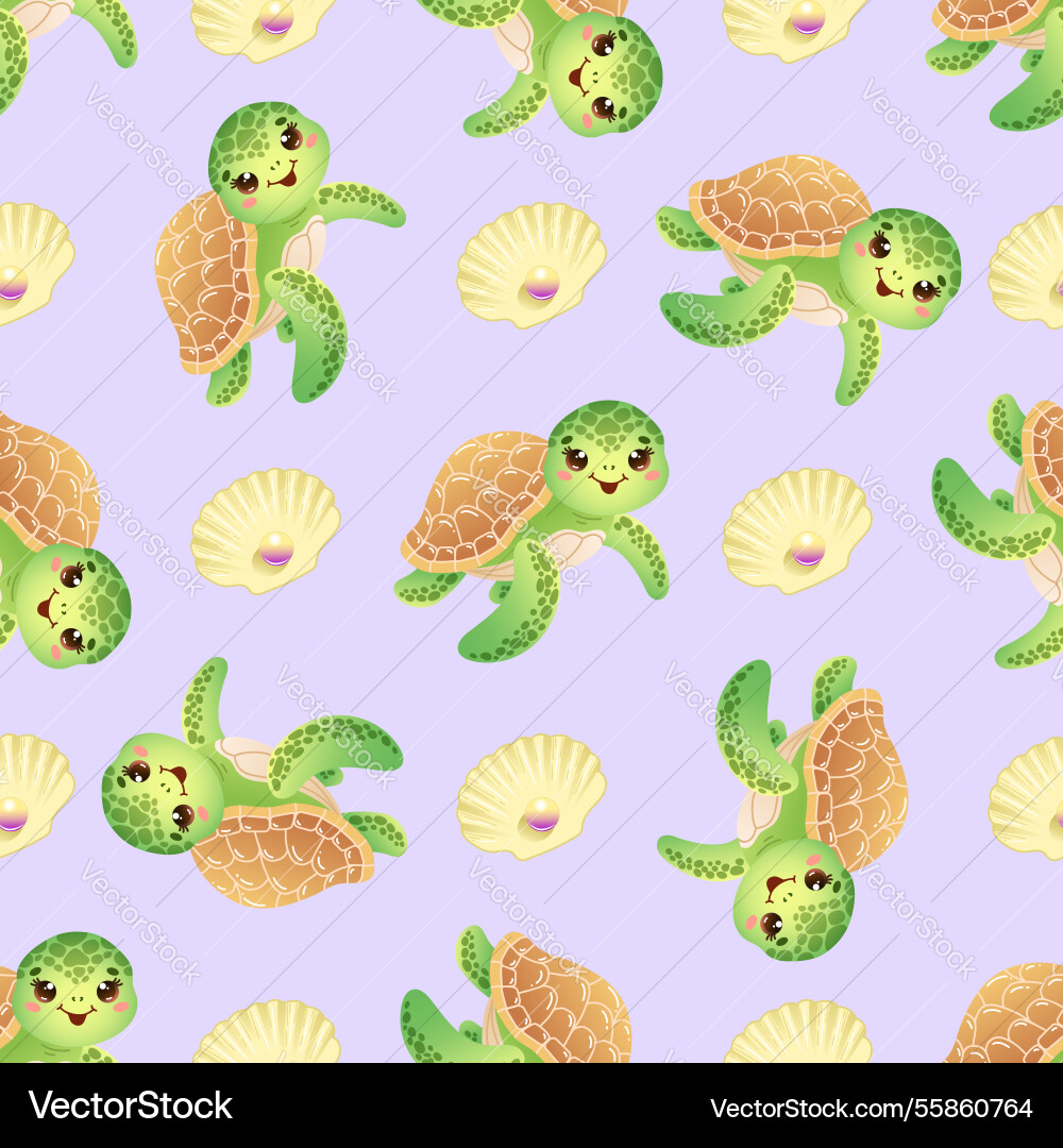 Seamless pattern with cute green turtle and shells Seamless pattern with cute green turtle and shells vector image