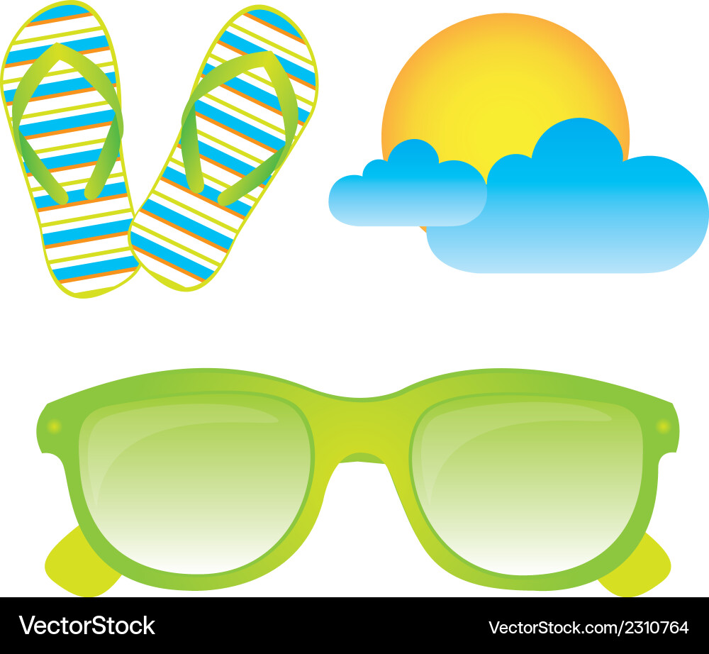 Sunglasses flip flops sun clouds isolated white Vector Image