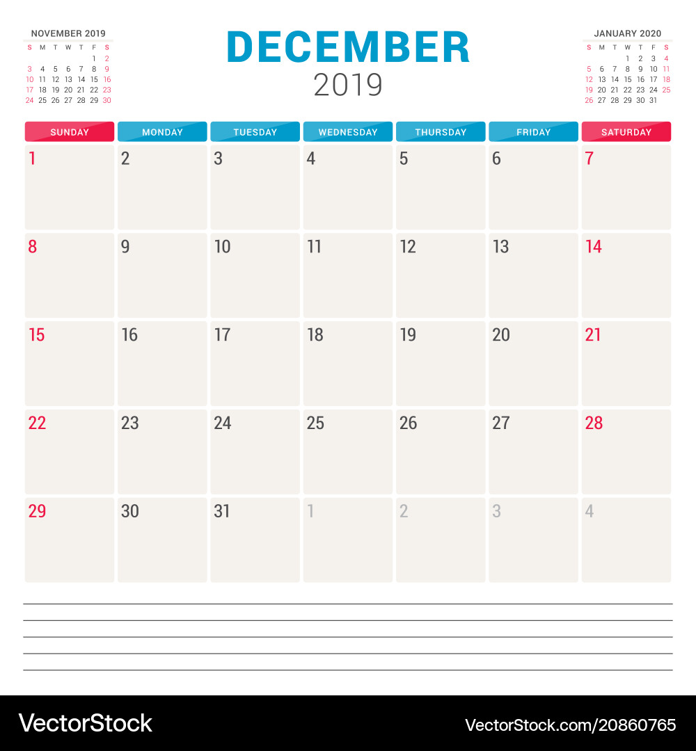 Kalenderplaner für Dezember 2019 Woche beginnt Kalenderplaner für Dezember 2019 Woche beginnt vektorbild