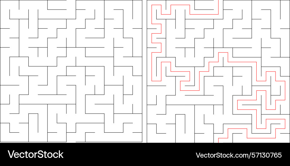 Mazes one solved with a red path Mazes one solved with a red path Vector Image