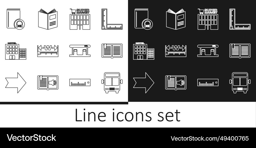 Set line bus open book supermarket building Set line bus open book supermarket building vector image