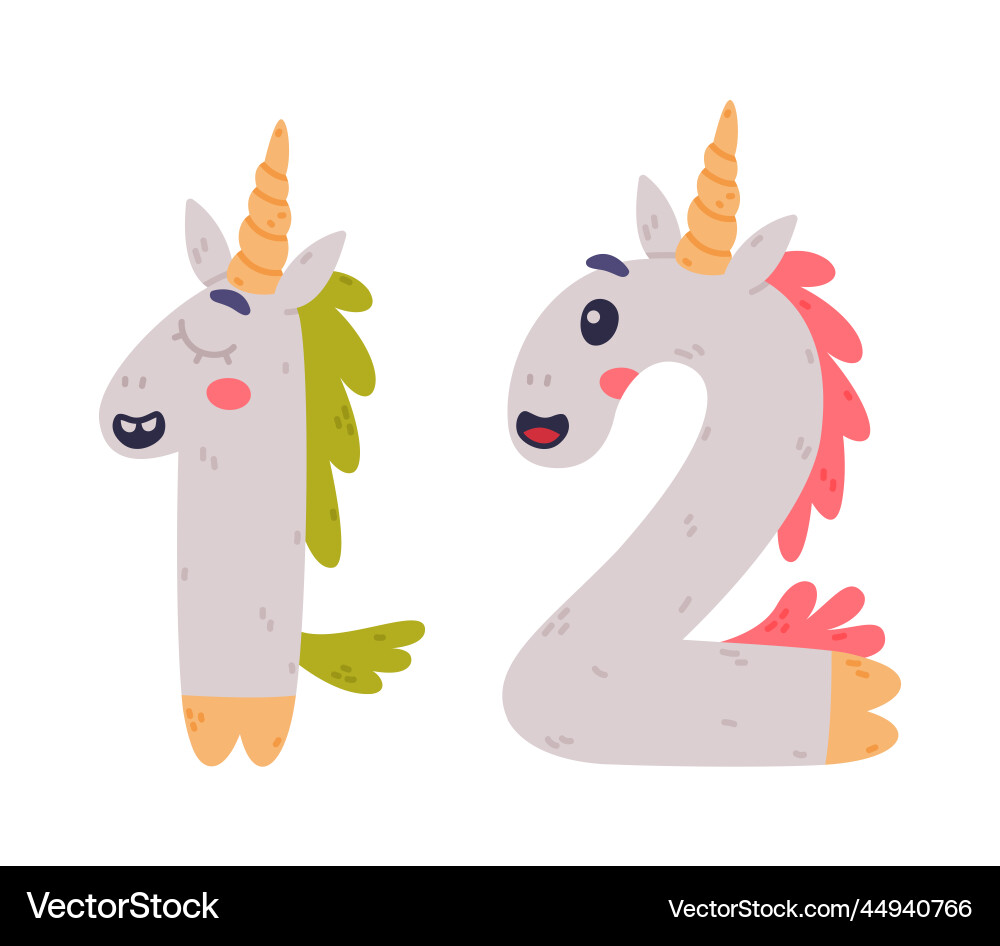 Unicorn cute number one and two with smiling face Unicorn cute number one and two with smiling face vector image