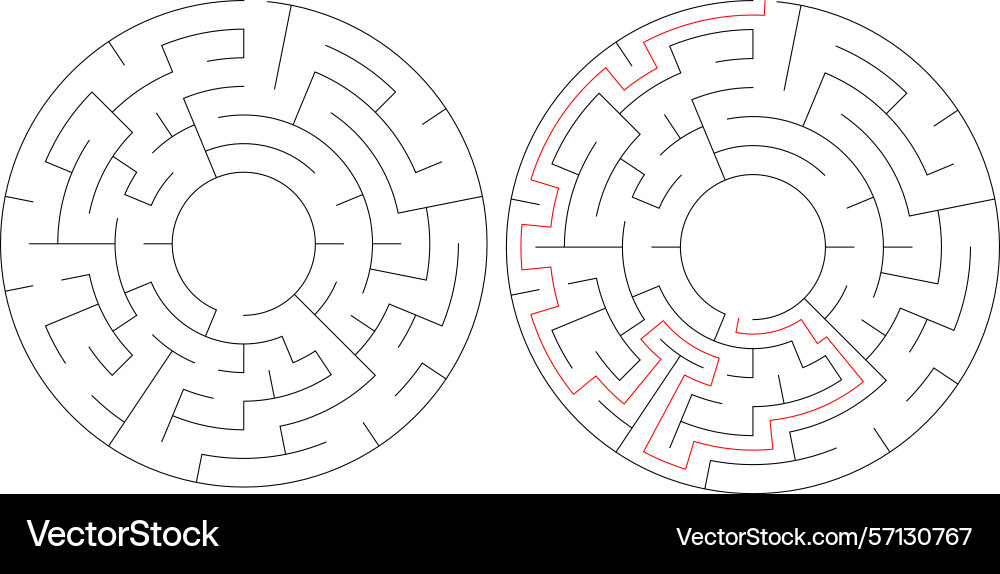Mazes one solved with a red path Mazes one solved with a red path vector image