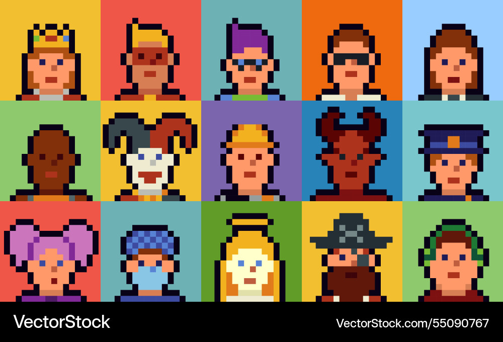 Pixel art characters set of the 8-bit avatar vector image