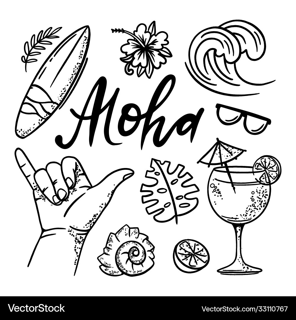 Surfing aloha sea travel hand drawn Surfing aloha sea travel hand drawn vector image