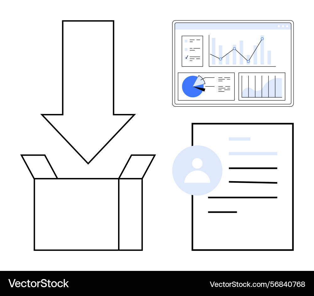 Data being uploaded into a box with reports Data being uploaded into a box with reports vector image