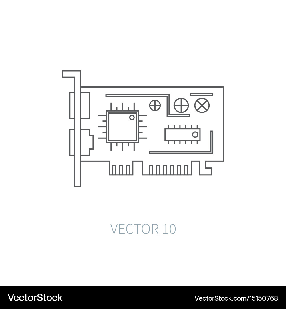 Flat line computer part icon - video card vector image
