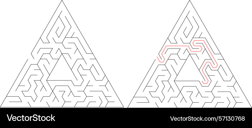Mazes one solved with a red path Mazes one solved with a red path Vector Image