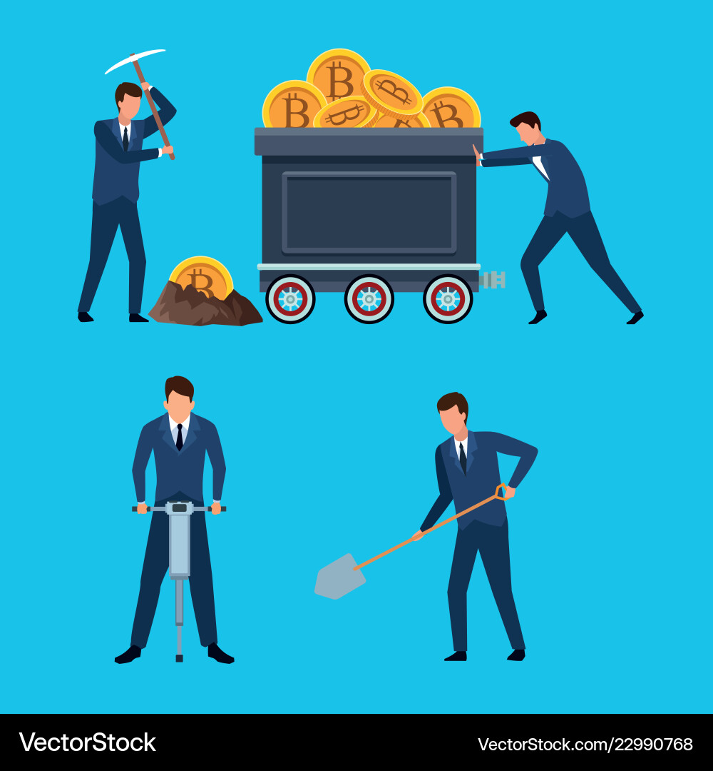 Set of digital mining bitcoin man Set of digital mining bitcoin man vector image