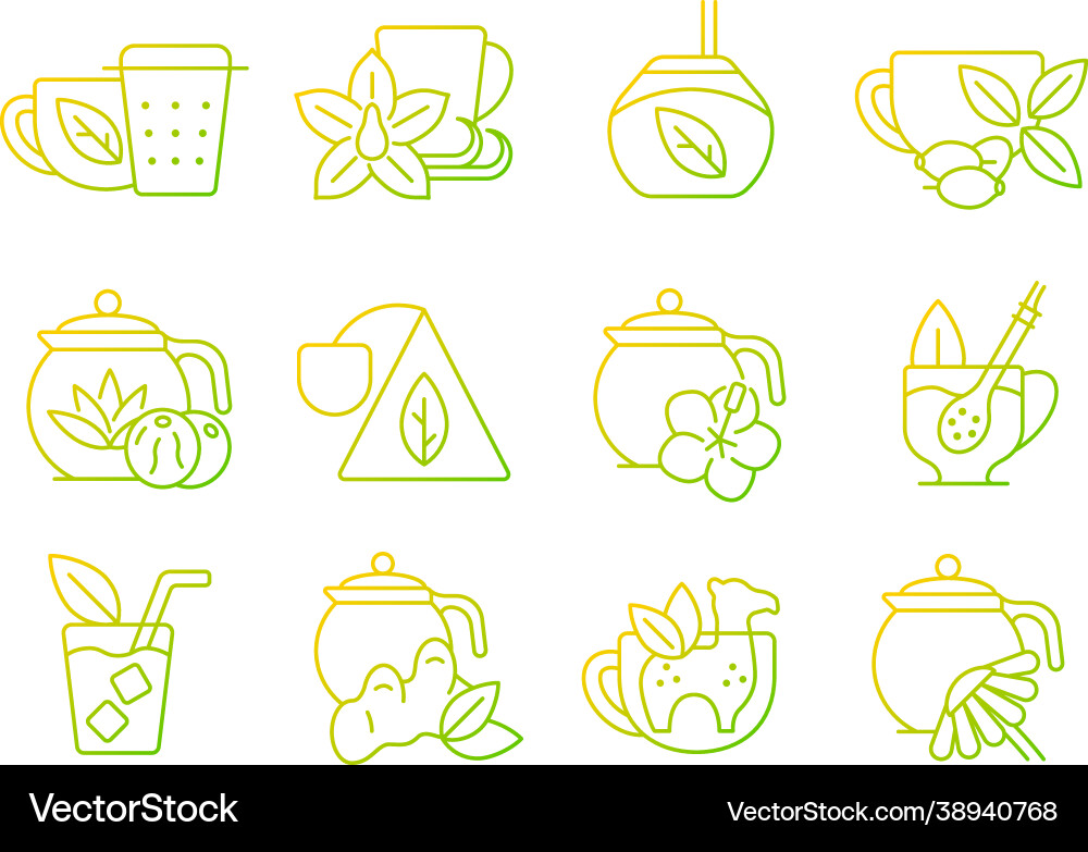 Tea drinking related gradient linear icons set Tea drinking related gradient linear icons set vector image