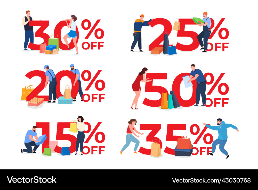 Tiny people and discounts promo price off percent Tiny people and discounts promo price off percent vector image