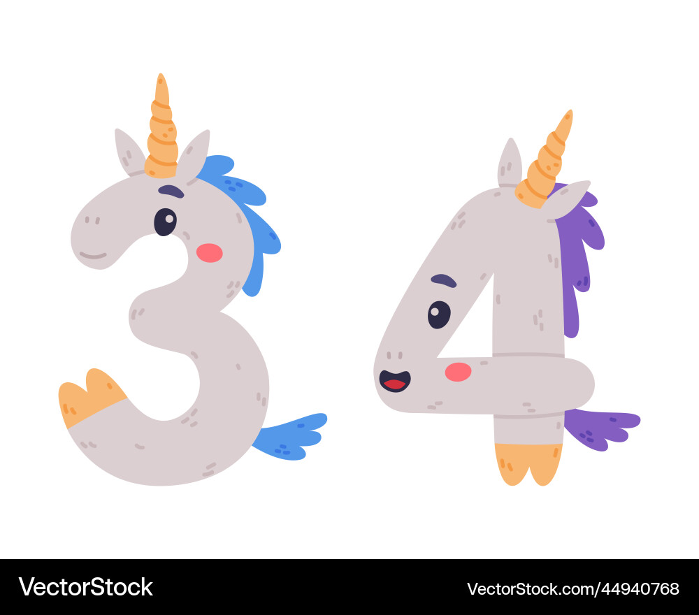 Unicorn cute number three and four with smiling Vector Image
