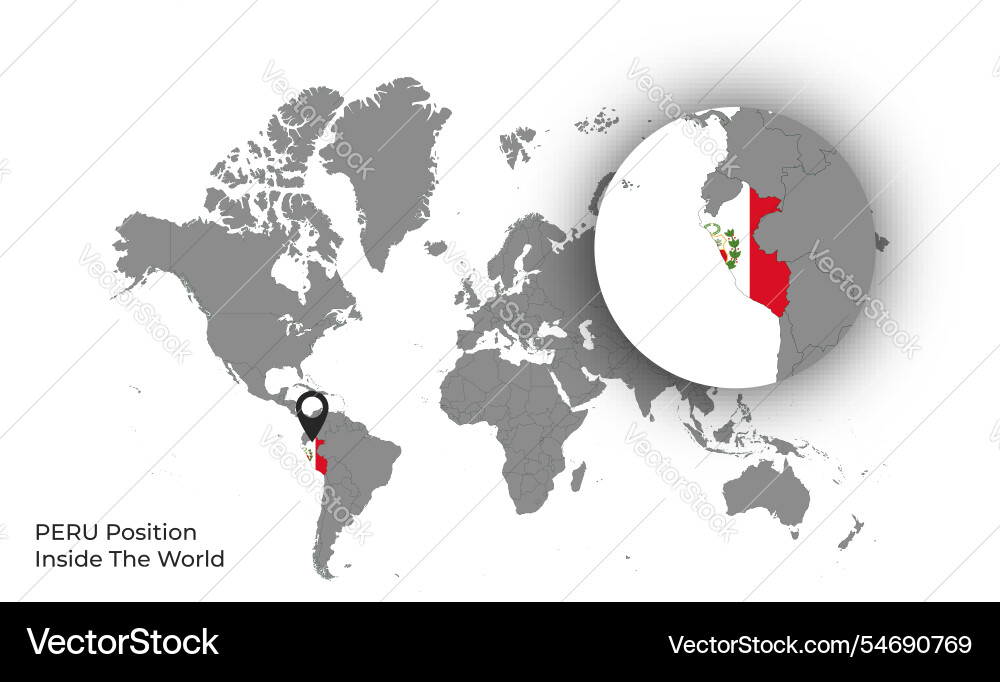 Peru position inside the world with flag in map Vector Image