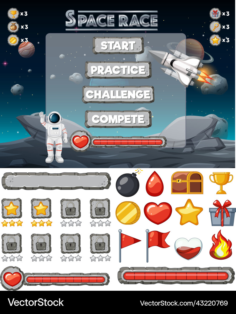Space game background template and elements vector image