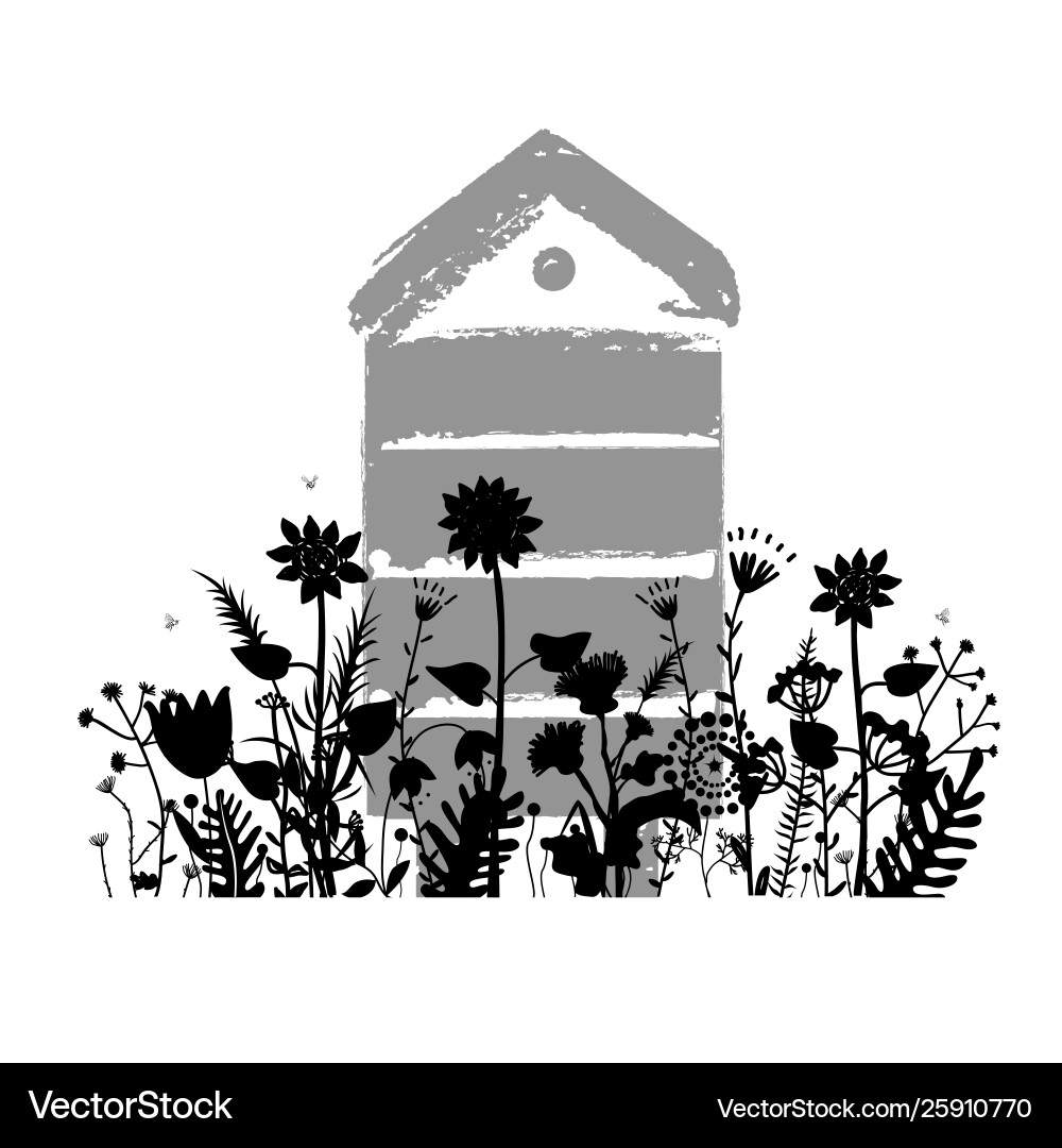 Meadow flowers silhouettes with beehive in summer Meadow flowers silhouettes with beehive in summer vector image