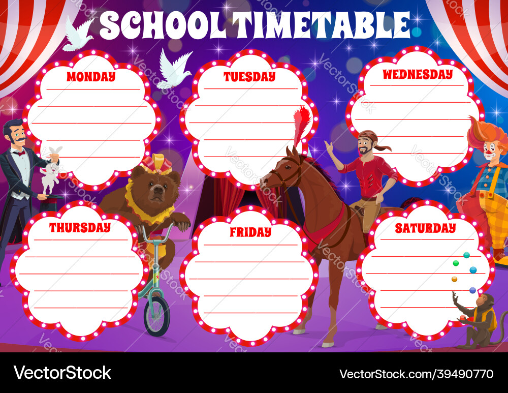 Schule Zeitplan mit Zirkus Bühne Clowns Schule Zeitplan mit Zirkus Bühne Clowns vektorbild