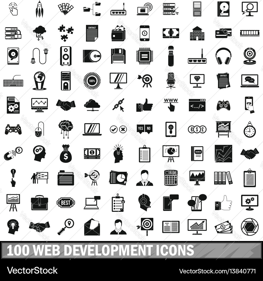 100 web development icons set simple style 100 web development icons set simple style vector image