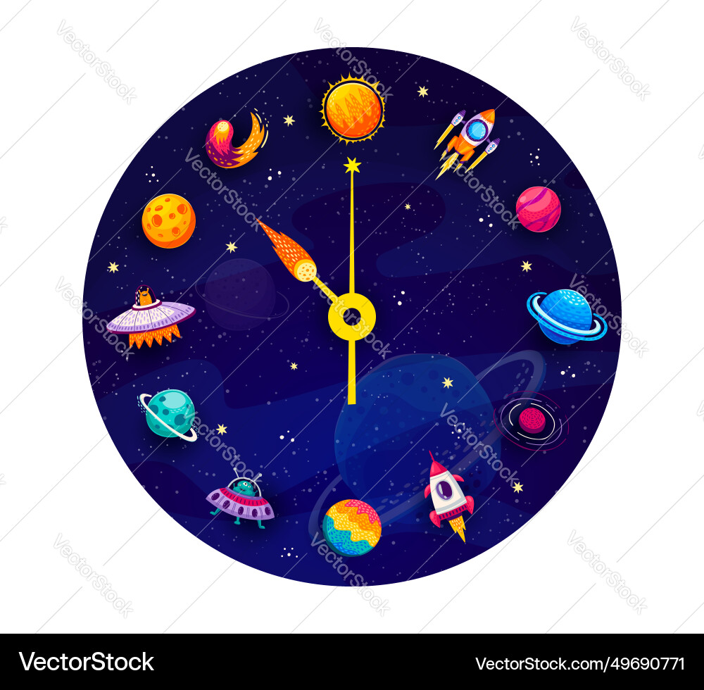 Galaxy clock with space planet rocket and alien Galaxy clock with space planet rocket and alien vector image