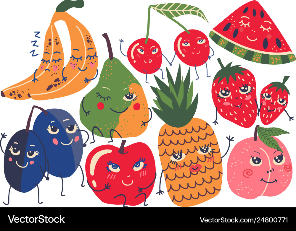 Lustige Obstfiguren setzen Banane Pflaumen Lustige Obstfiguren setzen Banane Pflaumen vektorbild