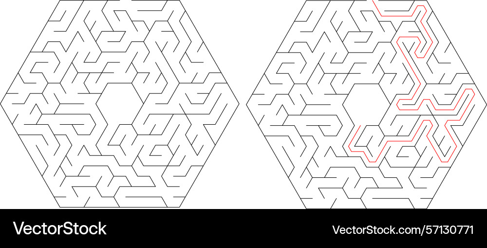Mazes one solved with a red path vector image