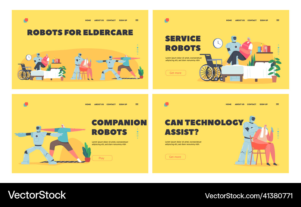 Robots for eldercare landing page template set Robots for eldercare landing page template set Vector Image