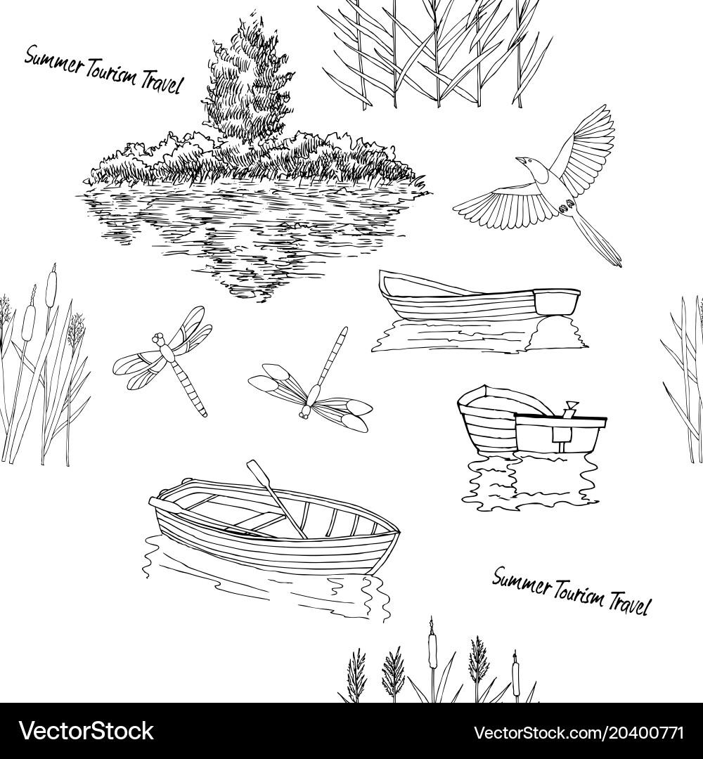 Seamless pattern with boat and trees vector image