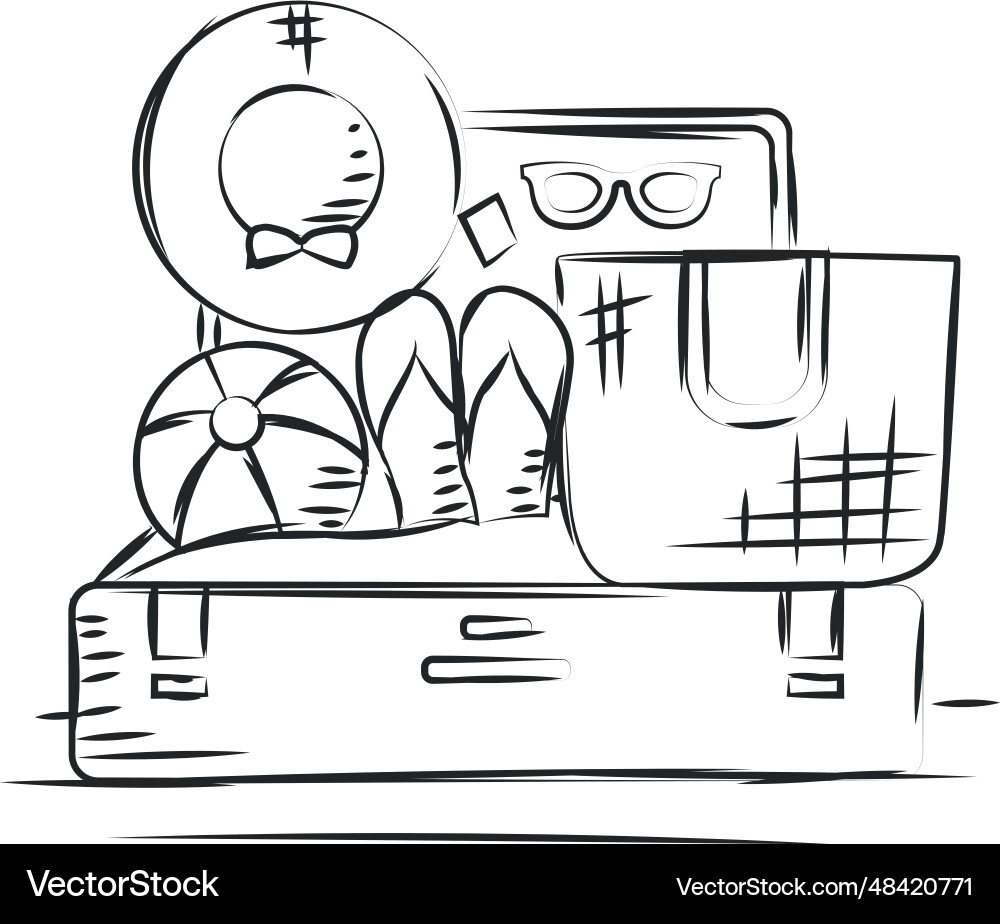 Sketch of an open travel bag with summer objects Vector Image