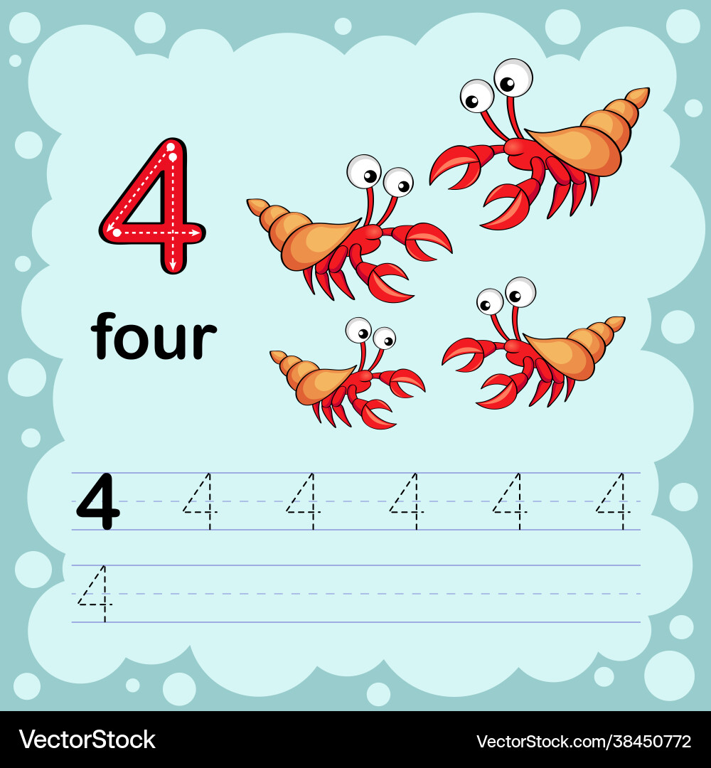 How to count and write a number four shrimp Vector Image