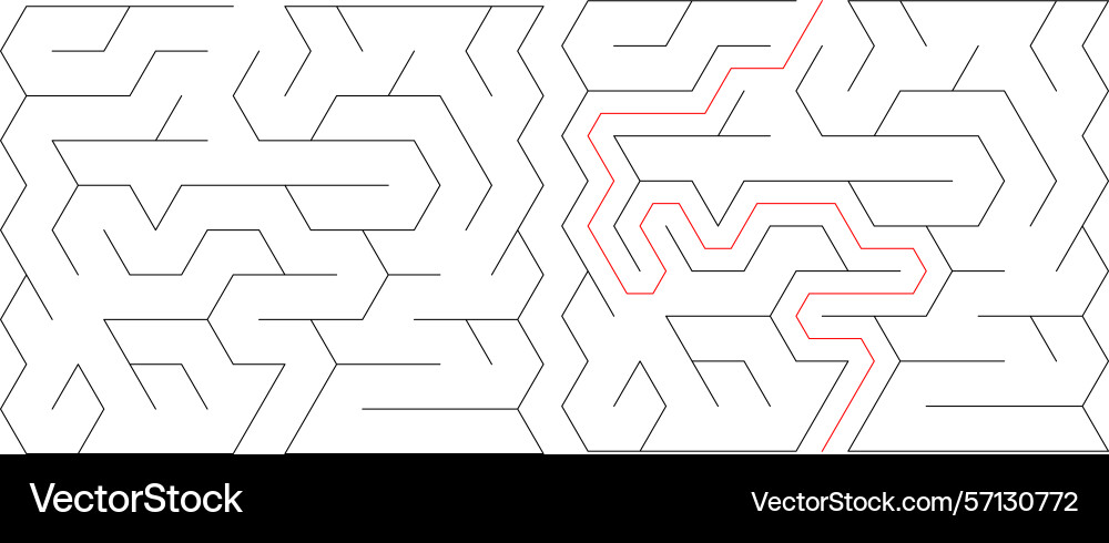 Mazes one solved with a red path vector image