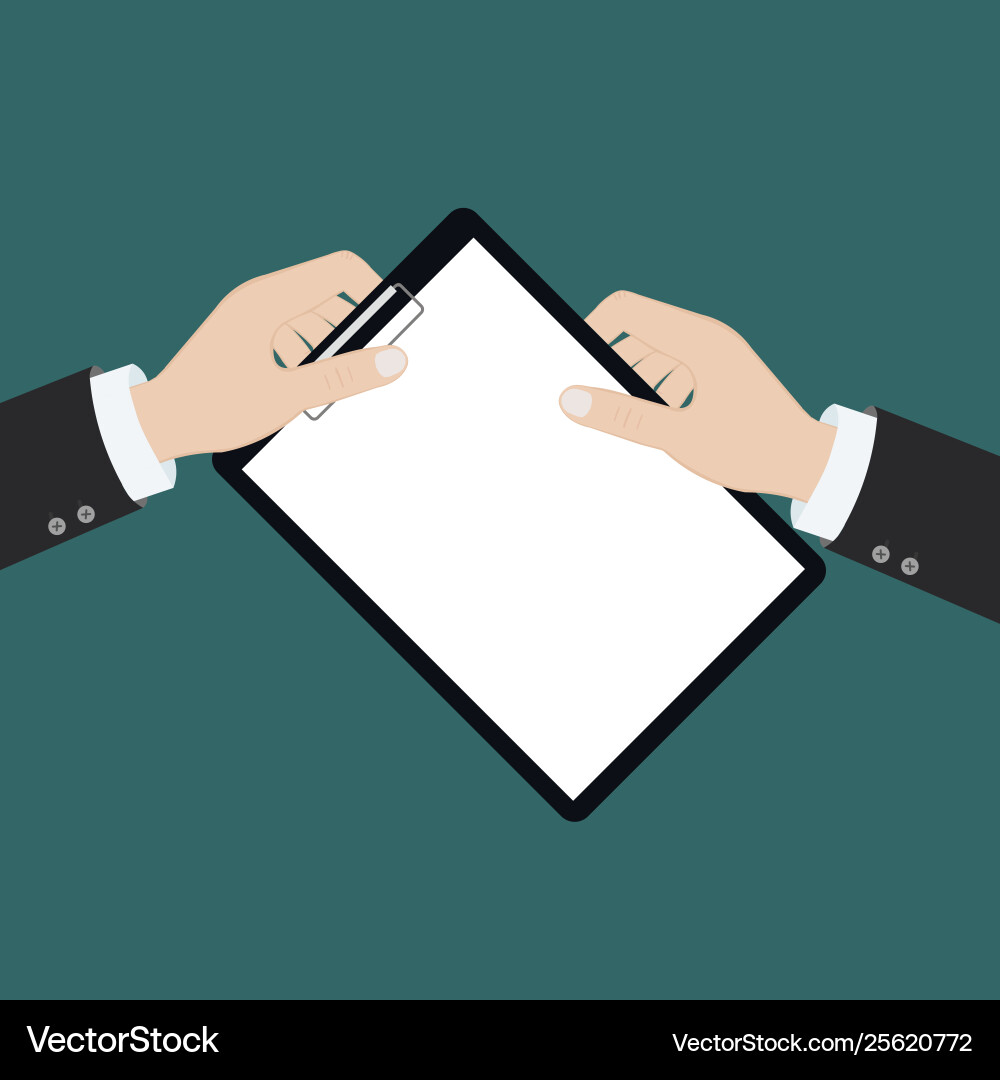 Modern flat on hands holding clipboard with empty Modern flat on hands holding clipboard with empty vector image