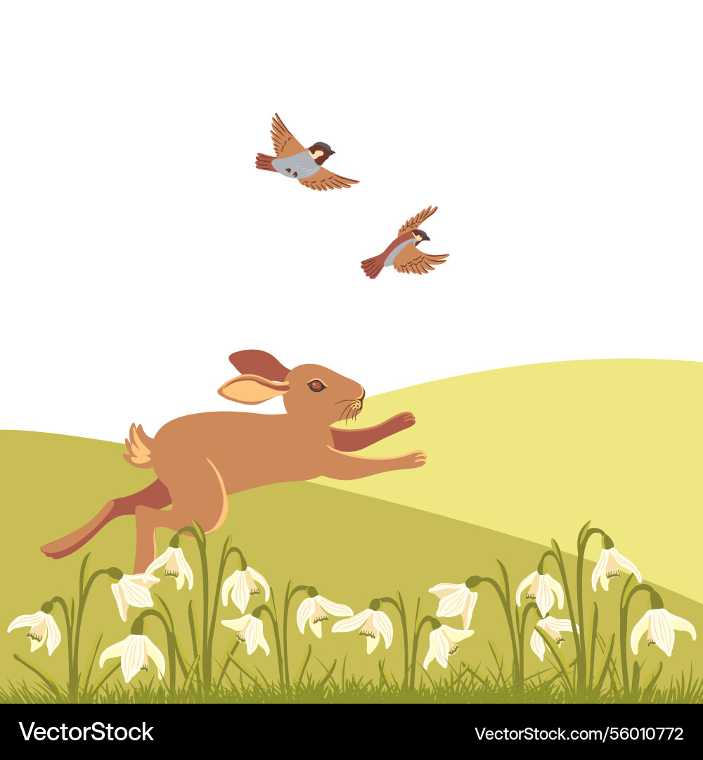 Spring Landscape with Rabbits and Snowdrops Vector Image