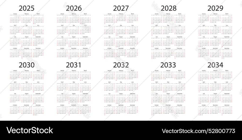 Calendar grids from 2025 to 2034 icon in flat Vector Image