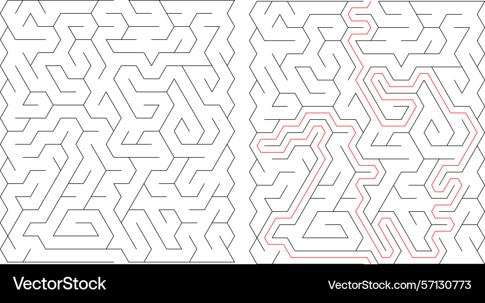 Mazes one solved with a red path Mazes one solved with a red path vector image