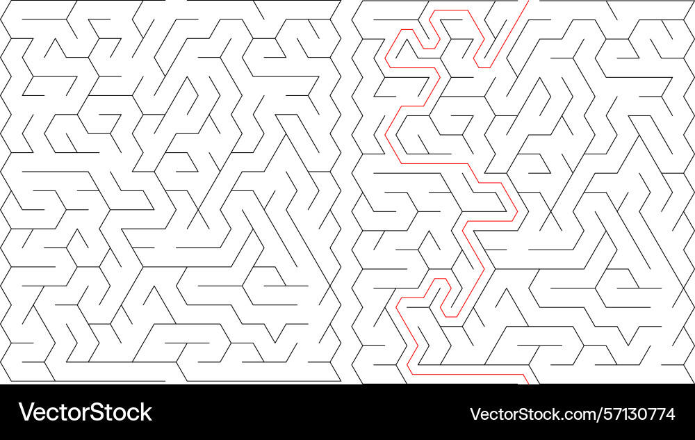 Mazes one solved with a red path Mazes one solved with a red path Vector Image