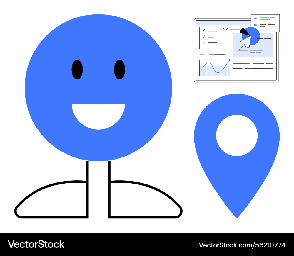 Smiling figure with location pin and analytics Vector Image